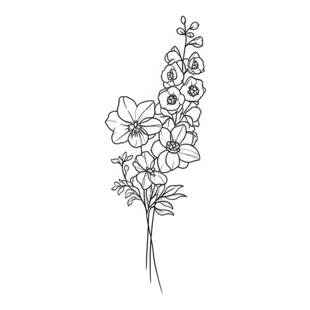 Minimalist Violet, Larkspur, and Paper White Flower Bouquet Tattoo Minimalist Violet, Larkspur, and Paper White Flower Bouquet Tattoo