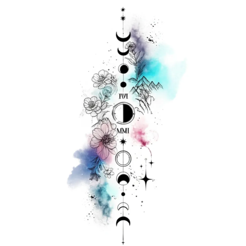 Celestial Spine Tattoo with Pisces, Moon Phases & 2006 Roman Numerals