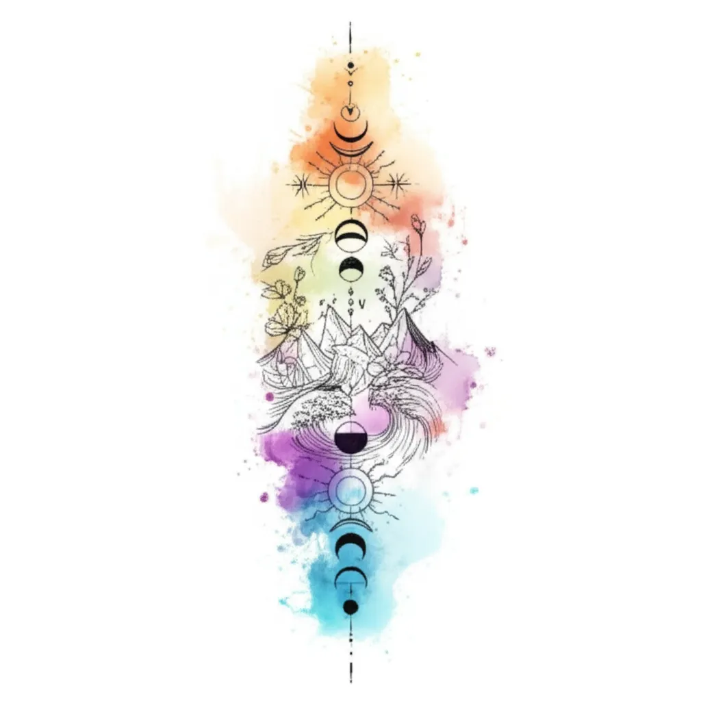Celestial Spine Tattoo: Pisces, Moon Phases, and Nature Celestial Spine Tattoo: Pisces, Moon Phases, and Nature