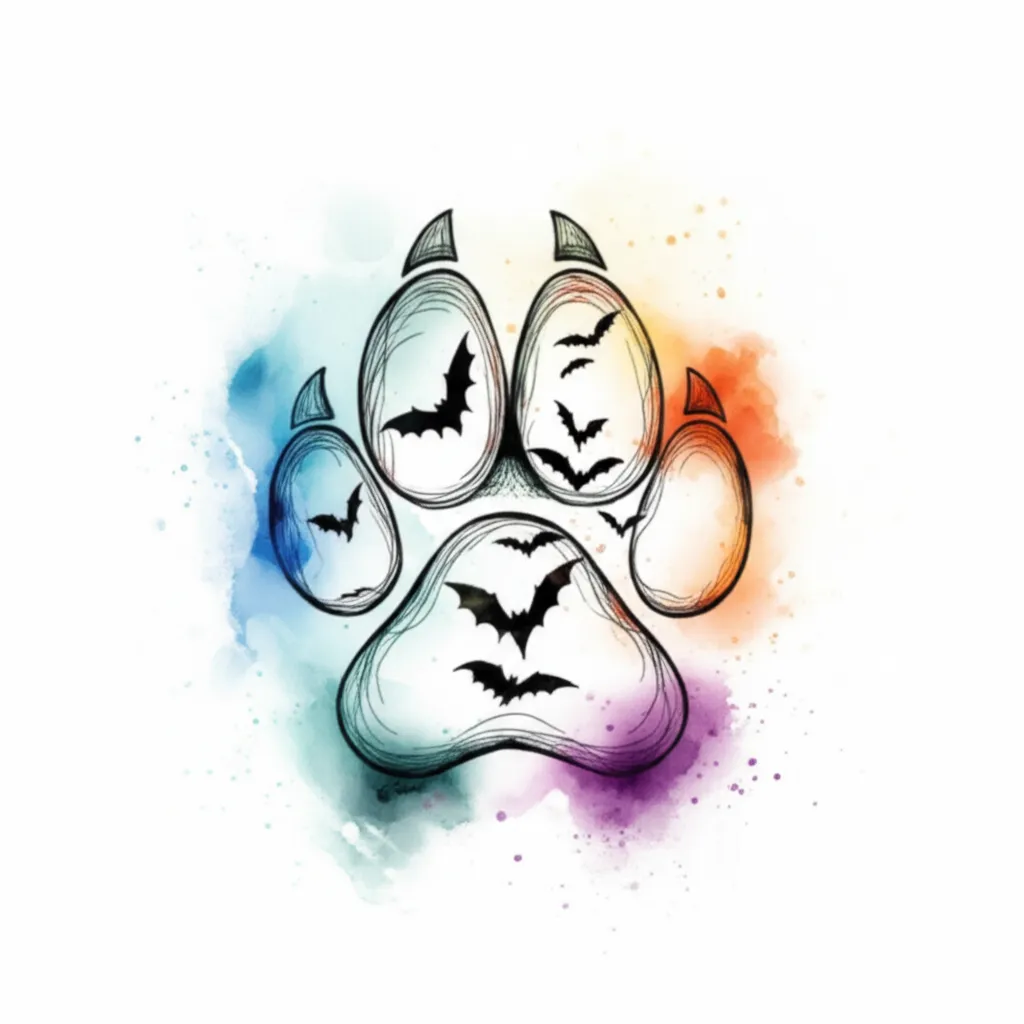 Watercolor Dog Paw Print with Bats Tattoo Design