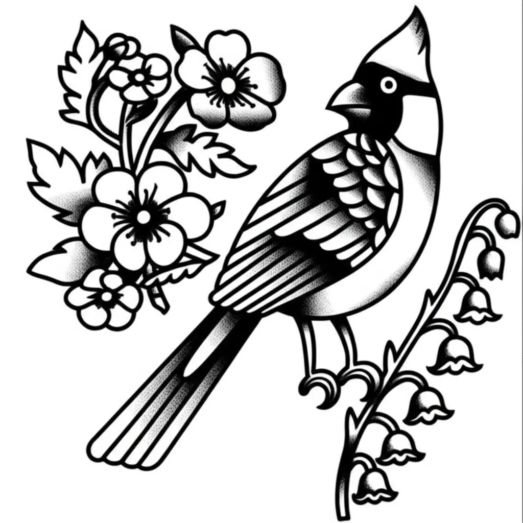 American Traditional Hawthorn, Lily of the Valley & Cardinal Tattoo