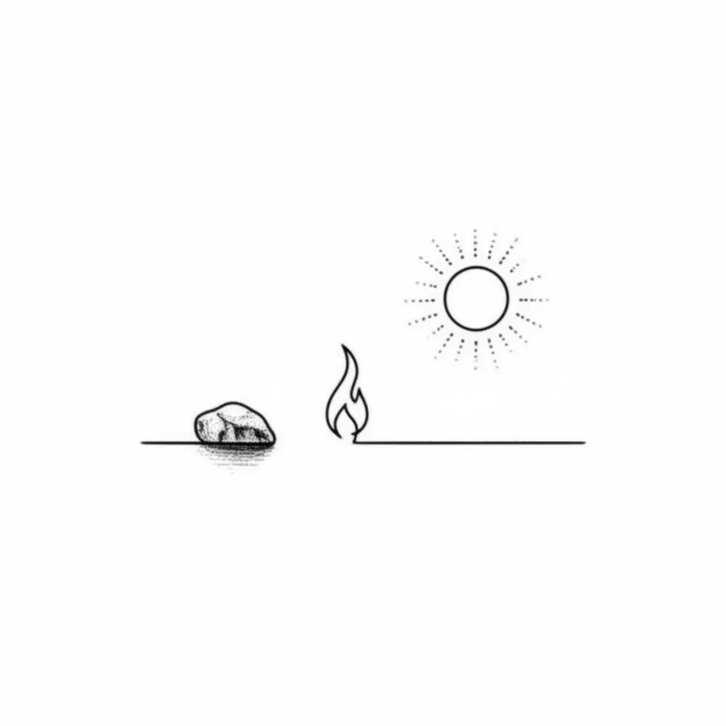 Minimalist Finger Tattoo: Rock, Sun, and Fire Elements
