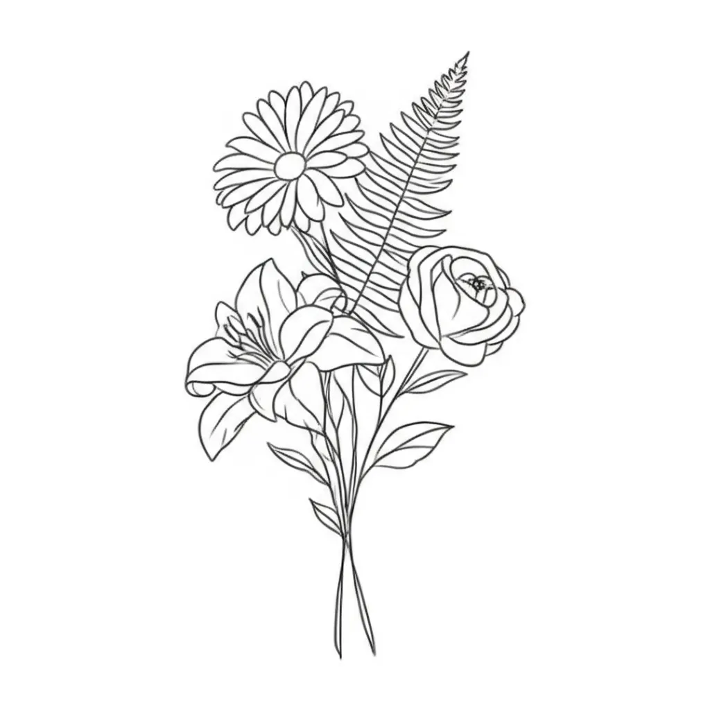Minimalist Flower Bouquet Tattoo: Daisy, Lily, Poppy, Rose & Fern
