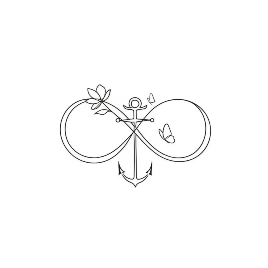 Minimalist Infinity Anchor Tattoo with Flower and Butterflies