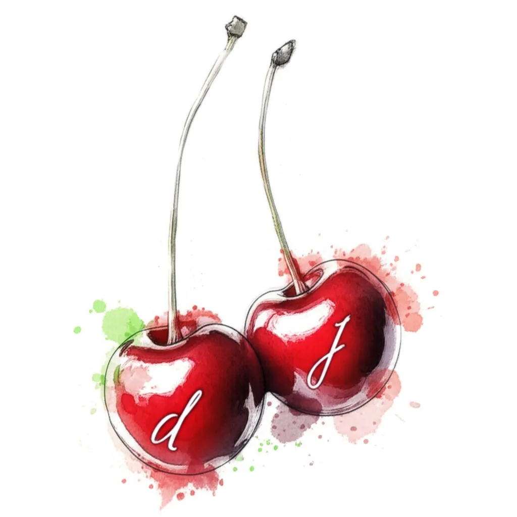 Watercolor Cherries Tattoo with 'D' and 'J' Stems