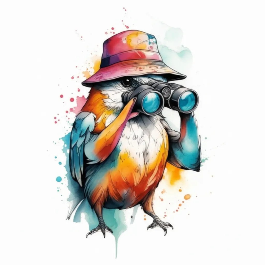 Watercolor Bird Tattoo with Bucket Hat and Binoculars Watercolor Bird Tattoo with Bucket Hat and Binoculars