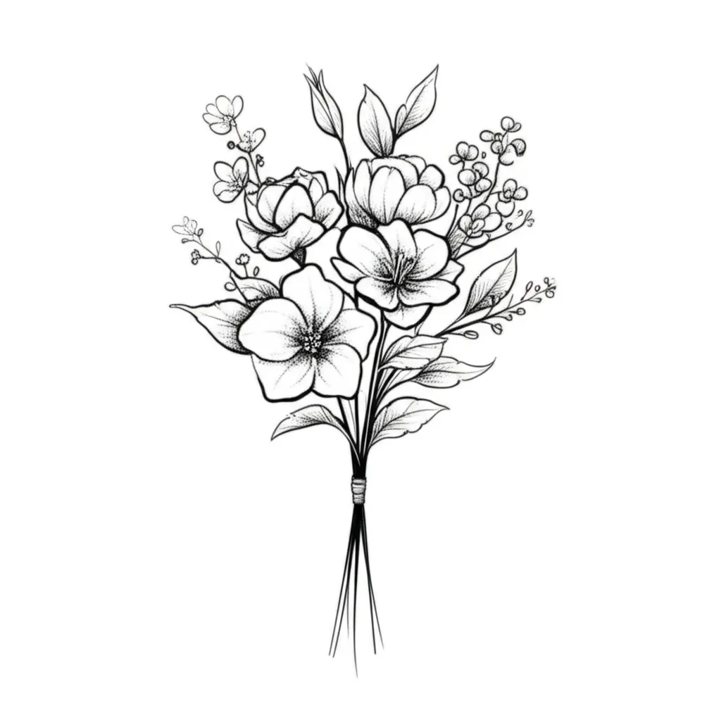 Birth Flower Bouquet Tattoo: January, March, April, May, June Fine Line Design Birth Flower Bouquet Tattoo: January, March, April, May, June Fine Line Design