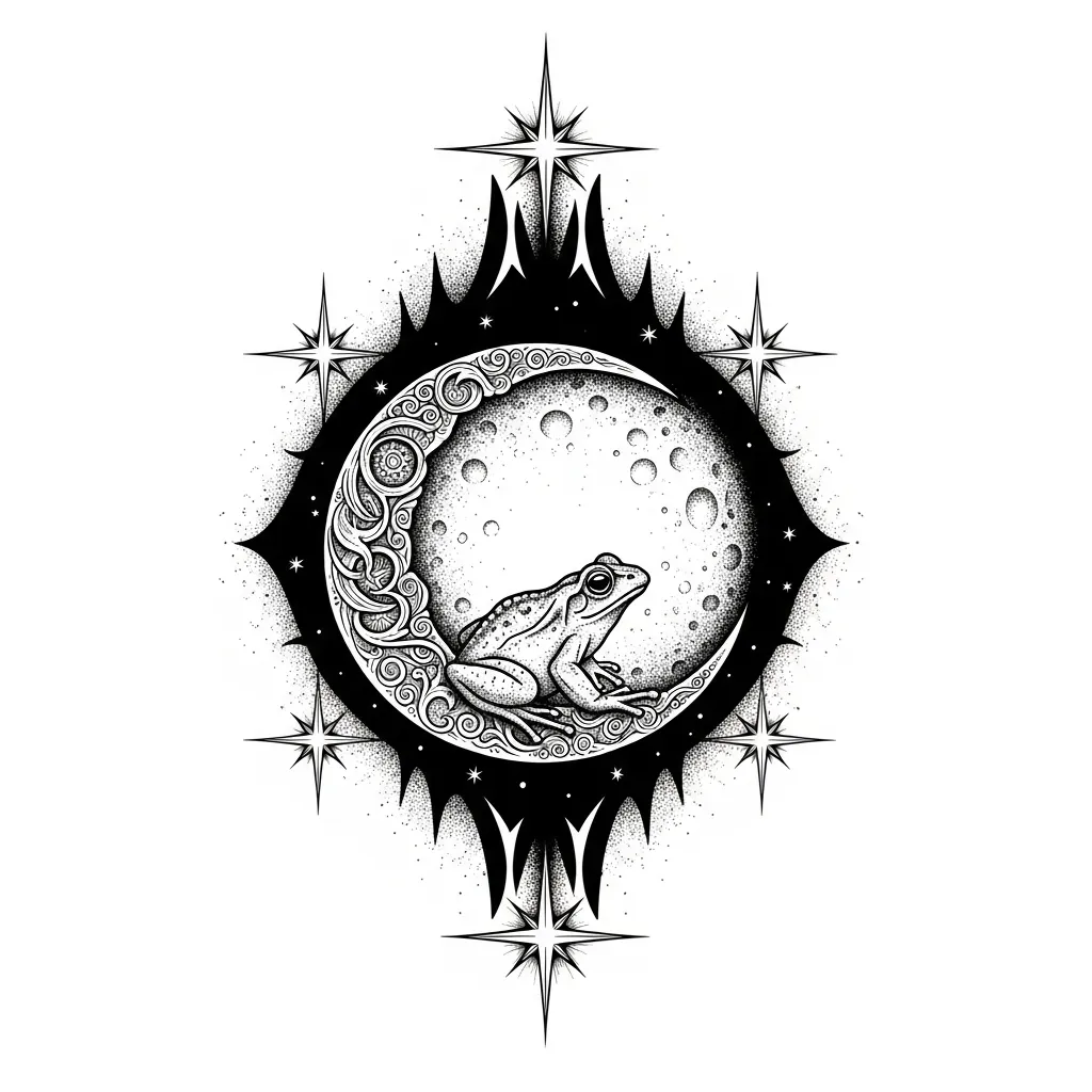 Gothic Frog on Moon and Stars Tattoo Design