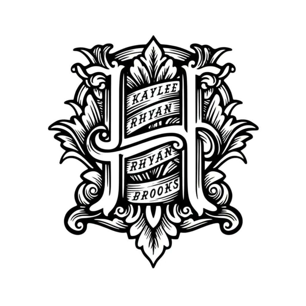 Traditional Blackwork Chest Tattoo with Letter H and Names