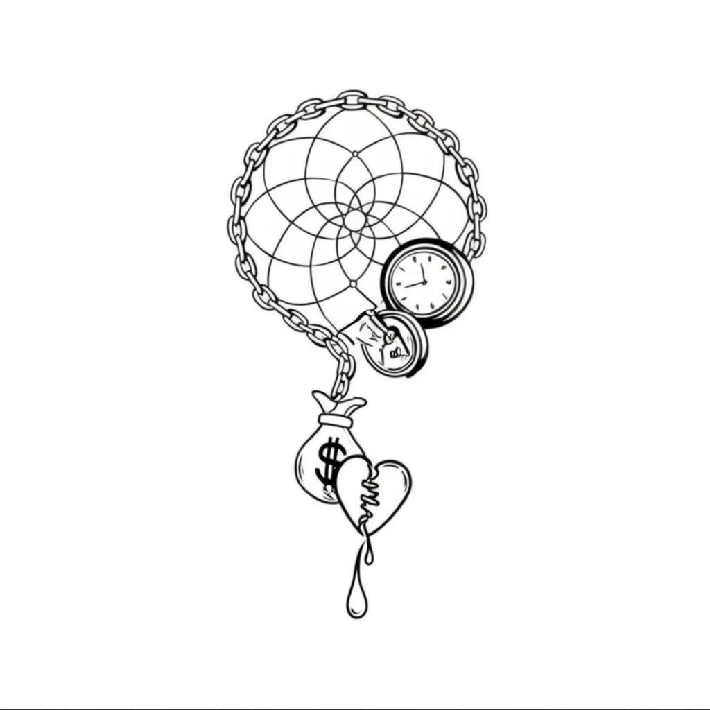 Minimalist Tattoo: Chain Dreamcatcher, Moneybag, Broken Clock & Heart Minimalist Tattoo: Chain Dreamcatcher, Moneybag, Broken Clock & Heart