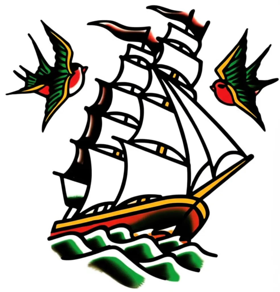 American Traditional Clipper Ship Tattoo with Swallows