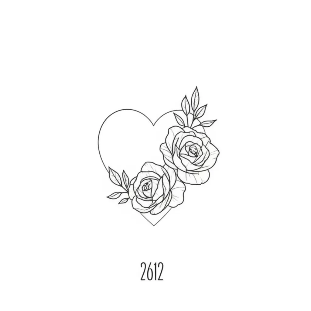 Minimalist Heart & Flowers Tattoo with '2612' Numerals Minimalist Heart & Flowers Tattoo with '2612' Numerals
