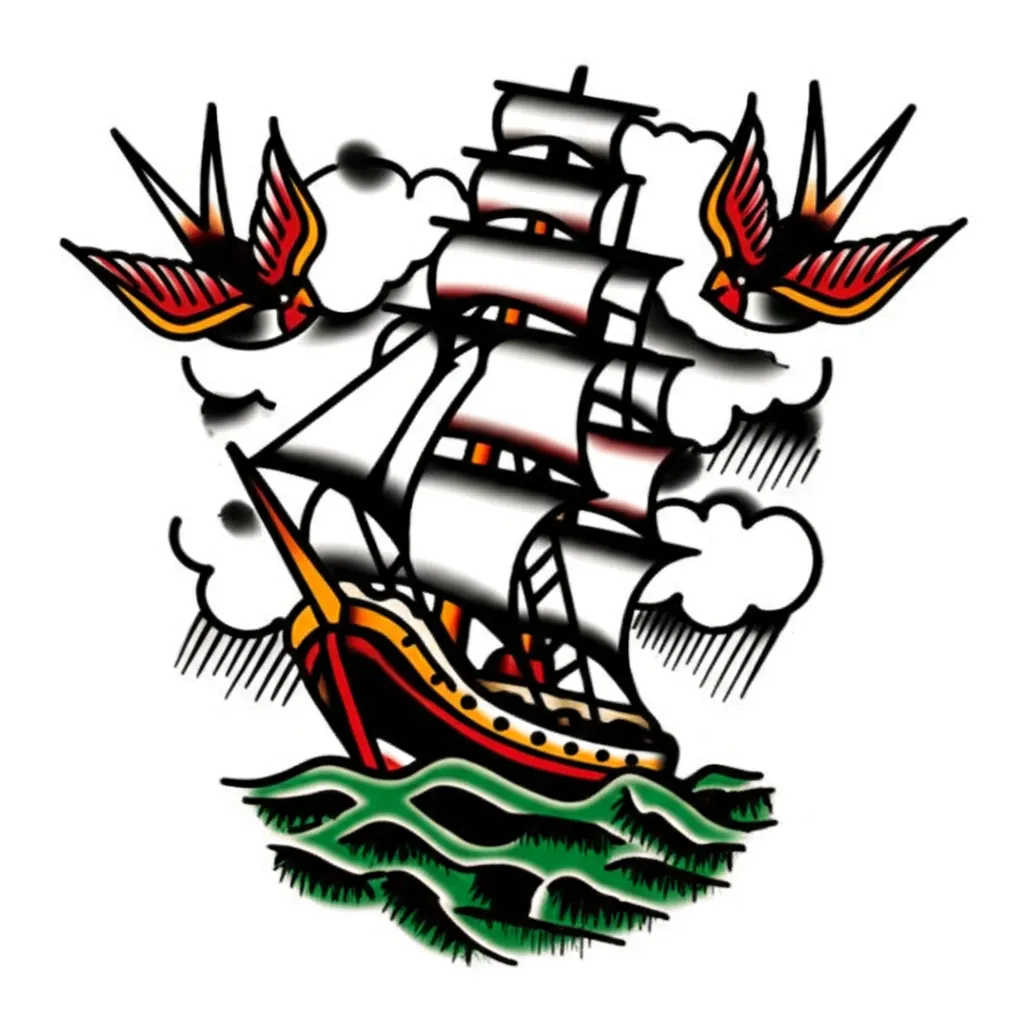 American Traditional Clipper Ship Tattoo with Swallows
