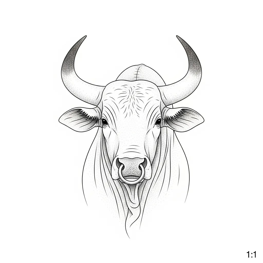 Fine Line Brahma Bull Tattoo Design with Nose Ring Fine Line Brahma Bull Tattoo Design with Nose Ring