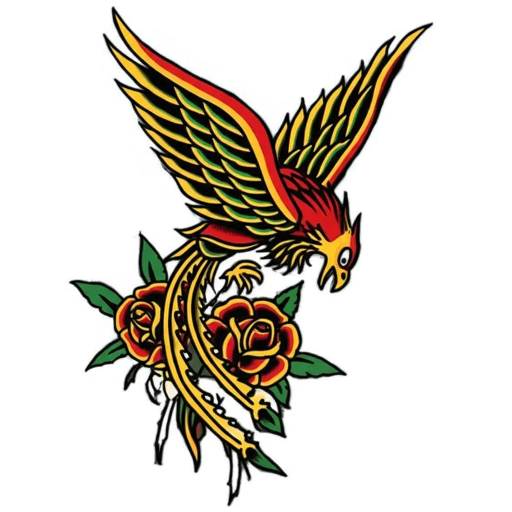 Old School Phoenix and Roses Tattoo Design Old School Phoenix and Roses Tattoo Design