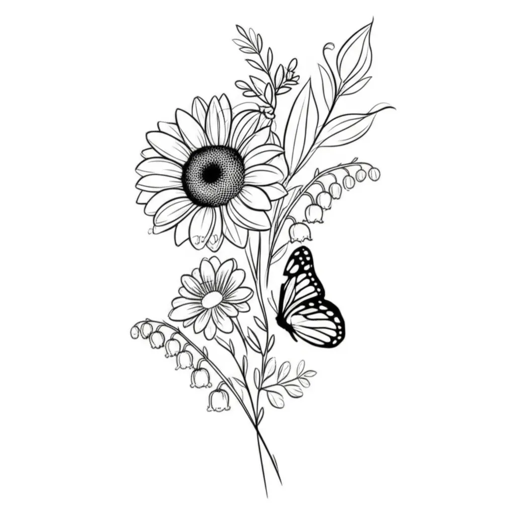 Minimalist Floral Tattoo with Butterfly: Sunflower, Marigold, Daisy & Lily