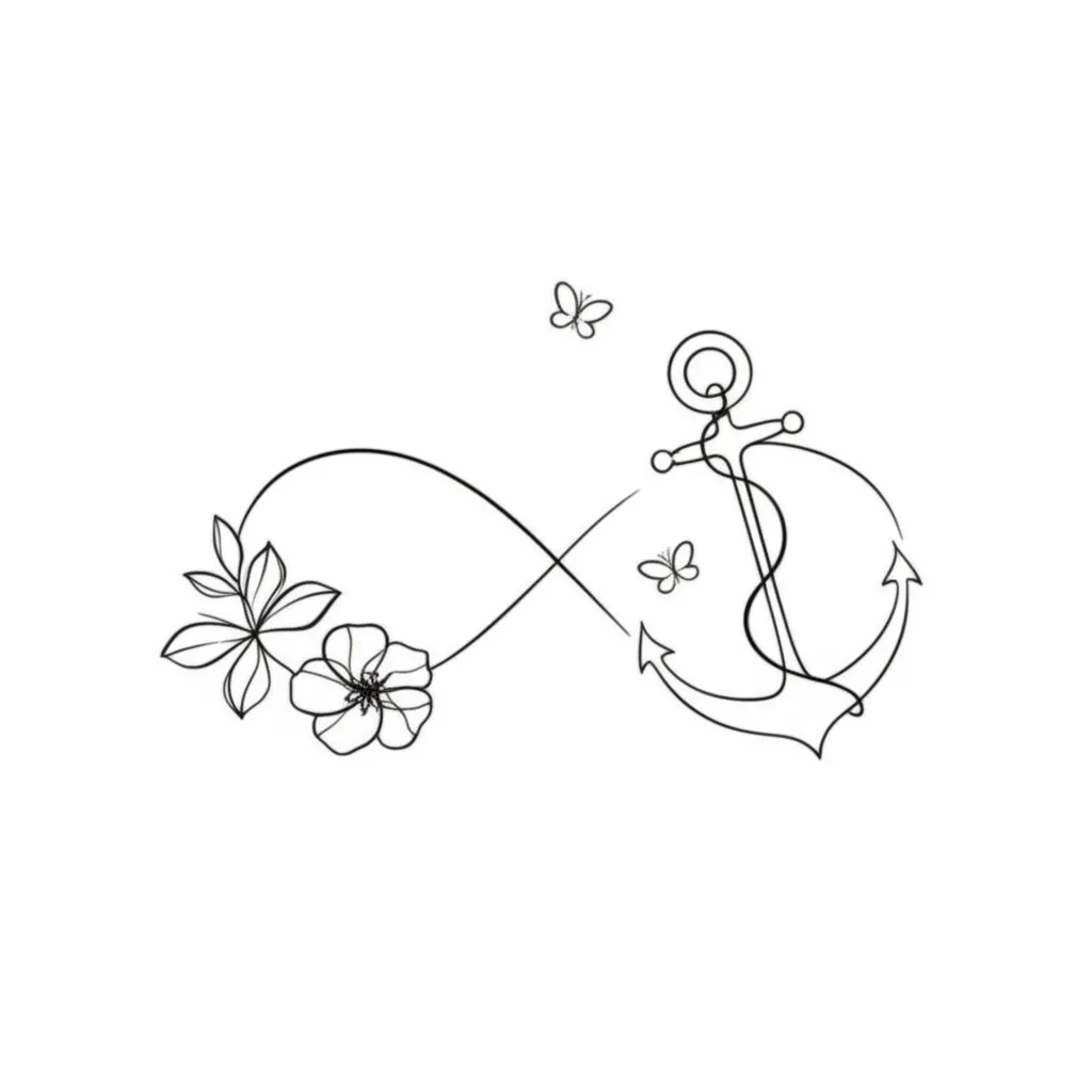 Minimalist Infinity Anchor Tattoo with Flower and Butterflies