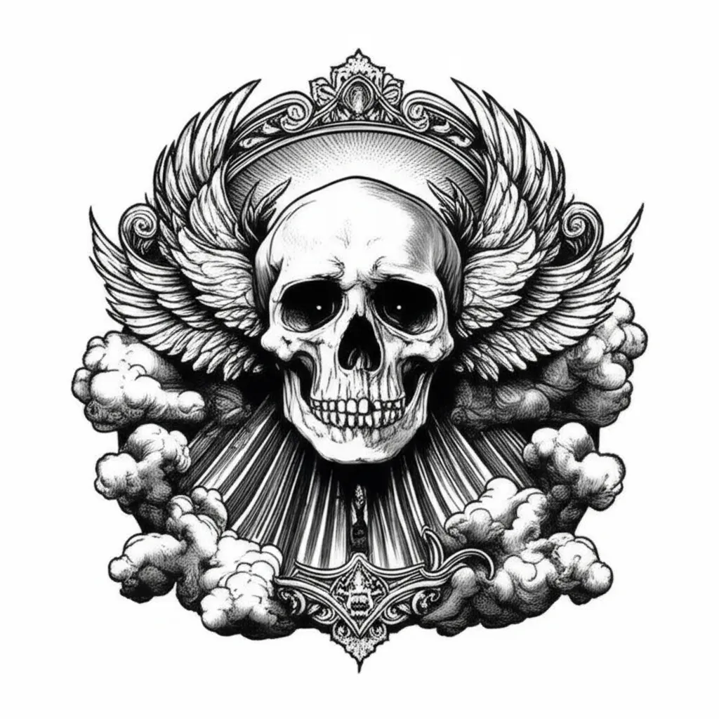 Gothic Skull with Wings and Clouds Tattoo Design