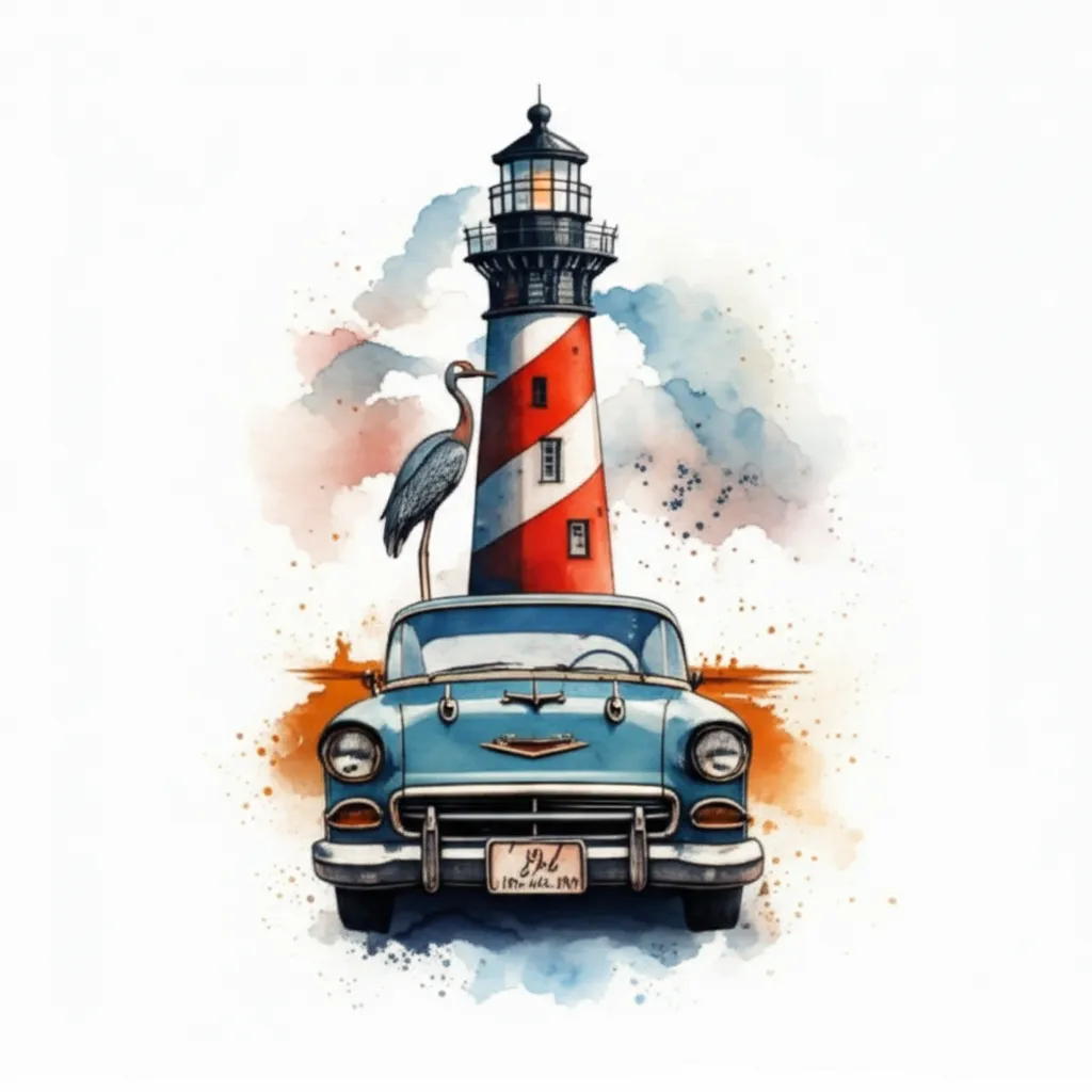 Watercolor Tattoo of Lighthouse, Crane, and 1955 Chevy Belair