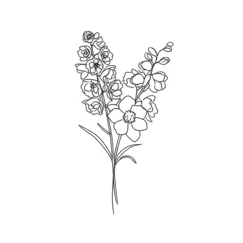 Minimalist Violet, Larkspur & Paper White Flower Bouquet Tattoo Minimalist Violet, Larkspur & Paper White Flower Bouquet Tattoo