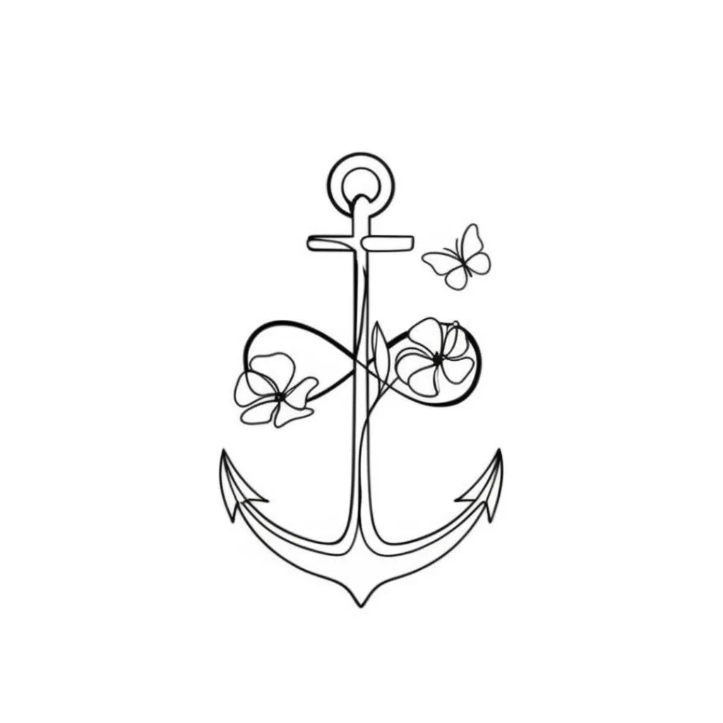 Minimalist Anchor Infinity Tattoo with Vinca Flower and Butterflies Minimalist Anchor Infinity Tattoo with Vinca Flower and Butterflies