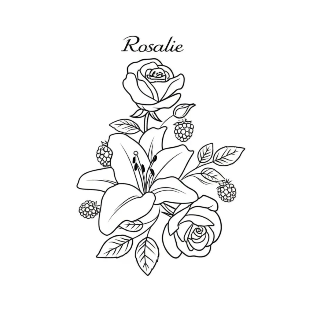 Minimalist Rose, Lily & Raspberry Tattoo with Name 'Rosalie'