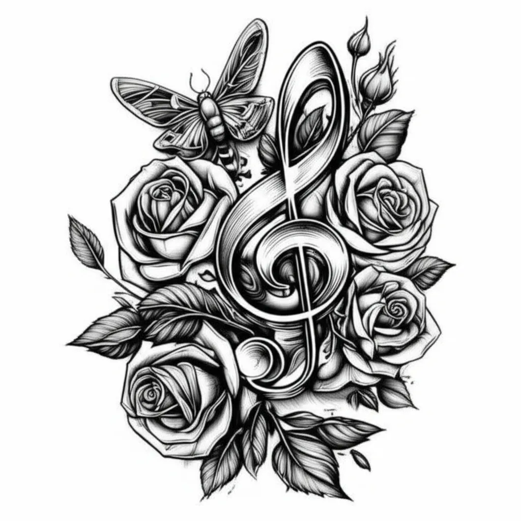 Music Notes, Roses & Moth Tattoo Design - Illustrative Style