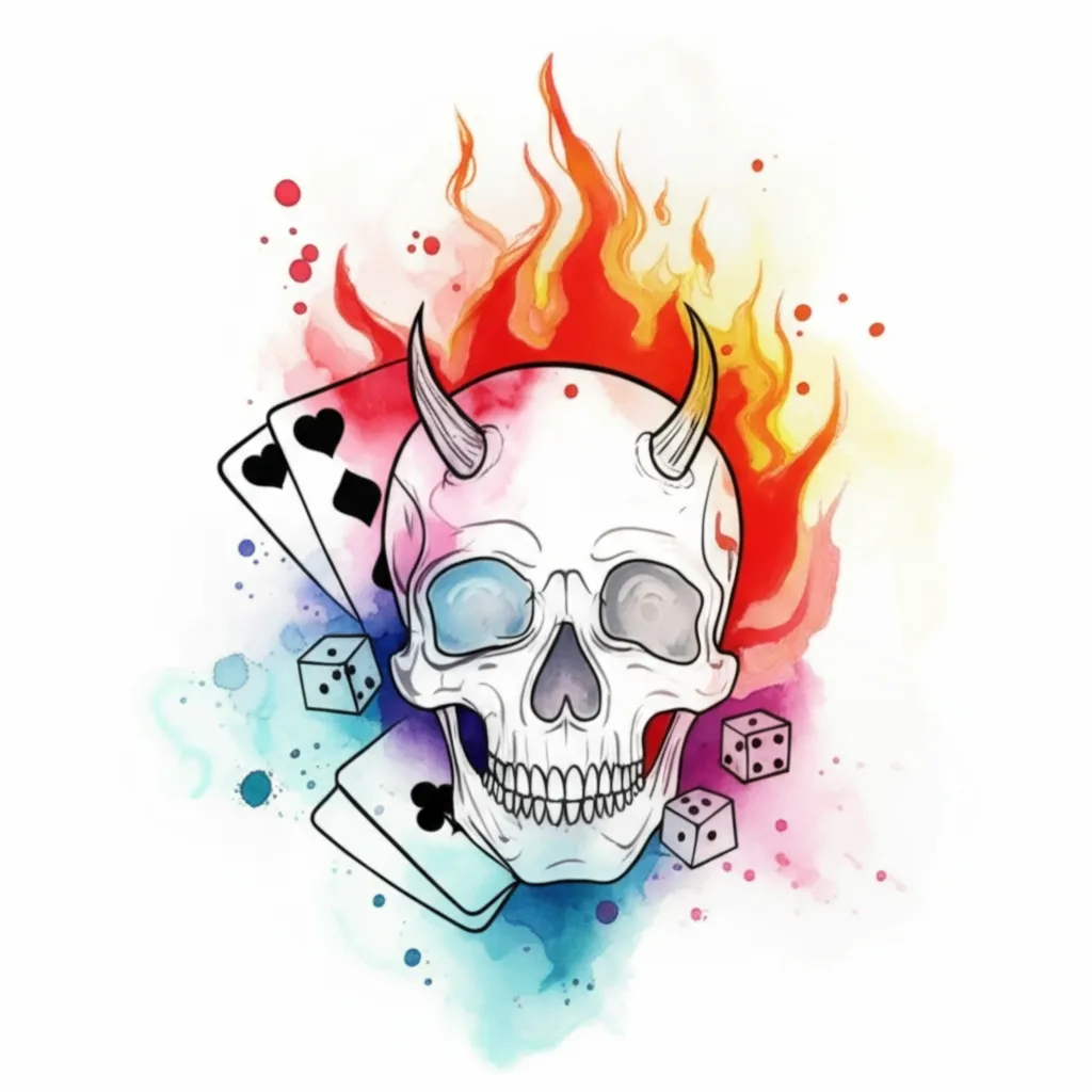 Watercolor Skull with Devil Horns, Cards & Dice Tattoo Idea