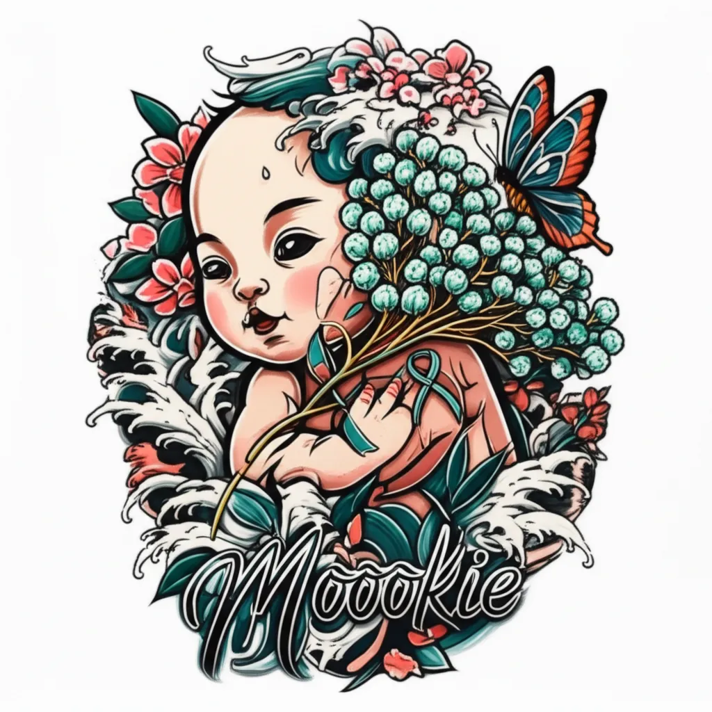 Japanese Traditional Baby's Breath Tattoo with Cancer Ribbon and Butterfly Japanese Traditional Baby's Breath Tattoo with Cancer Ribbon and Butterfly
