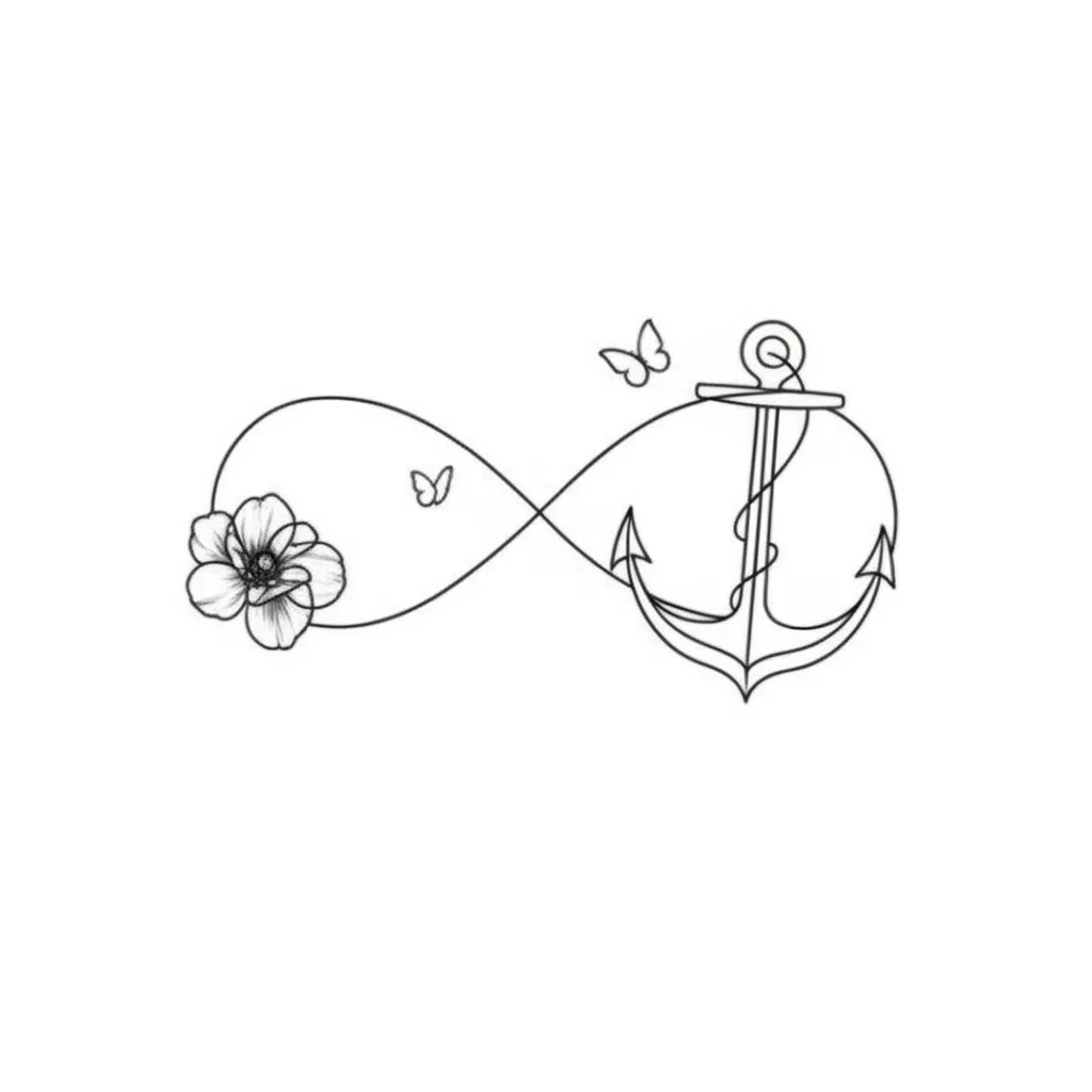 Minimalist Infinity Anchor Tattoo with Flower and Butterflies