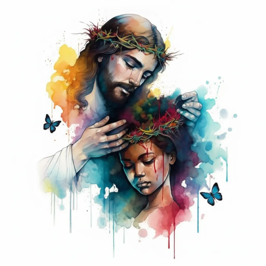 Watercolor Jesus Crown Tattoo on Black Girl with Butterflies