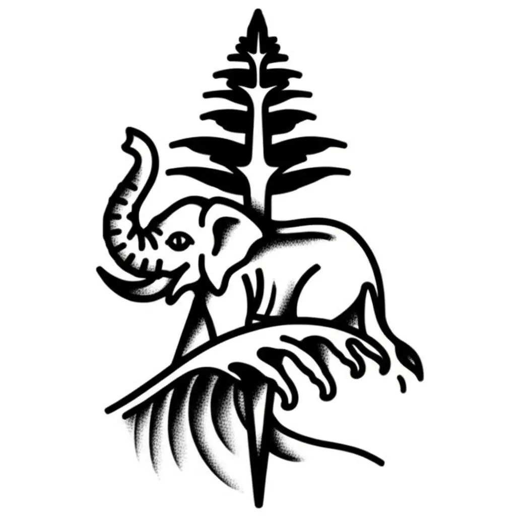 American Traditional Elephant Tattoo with Waves and Poison Tree