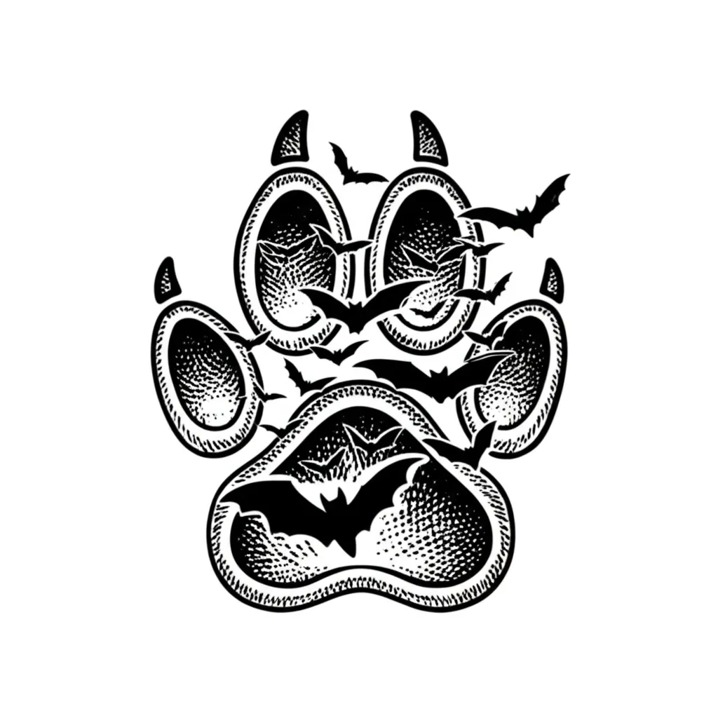 Dog Paw Print with Bats Blackwork Tattoo Idea
