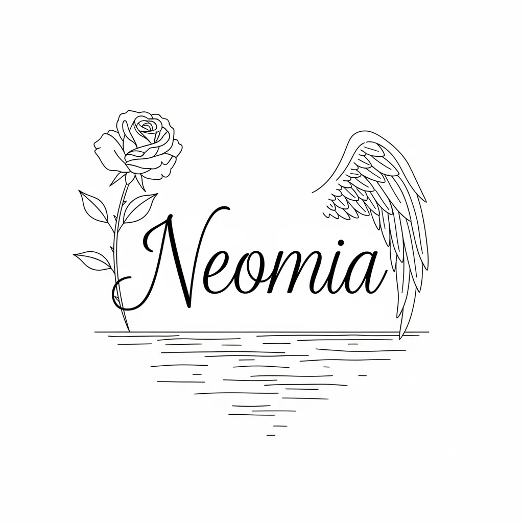 Neomia Name Tattoo with Rose and Angel Wing - Minimalist Design Neomia Name Tattoo with Rose and Angel Wing - Minimalist Design