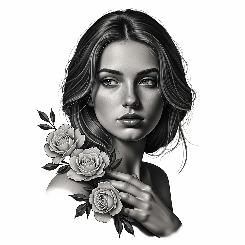 Elizabeth with Flowers Realism Tattoo Design