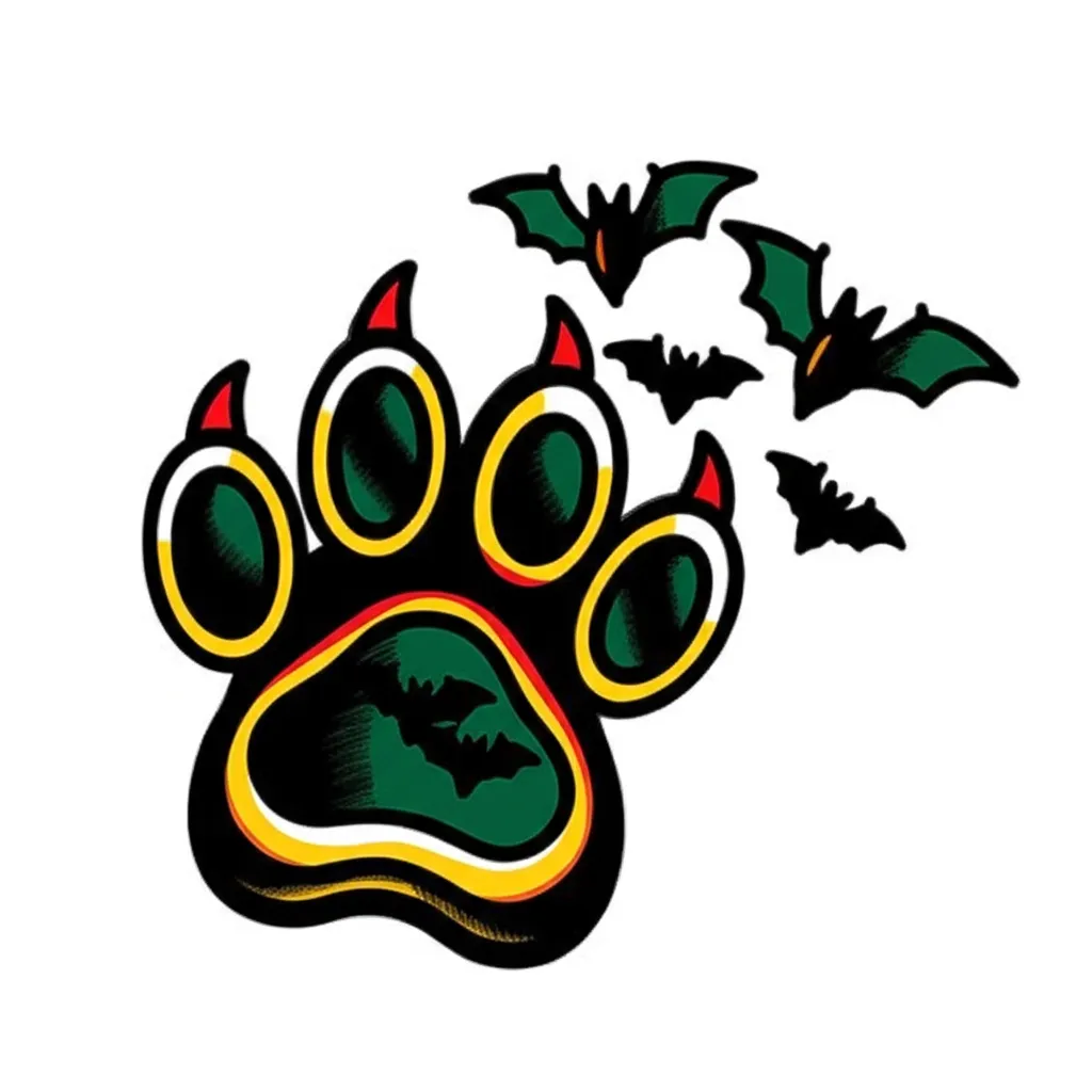 Dog Paw Print with Bats Old School Tattoo Design