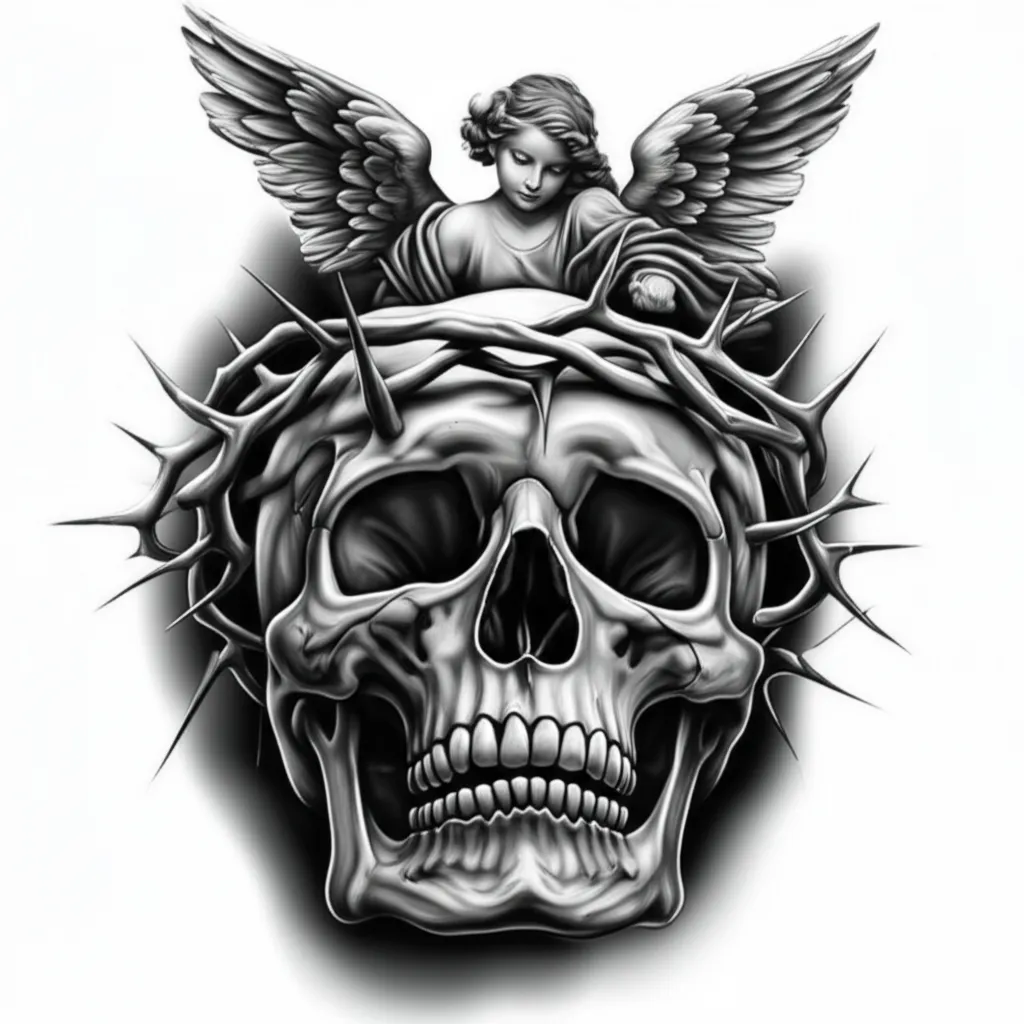 Realistic Skull with Crown of Thorns and Angel Tattoo