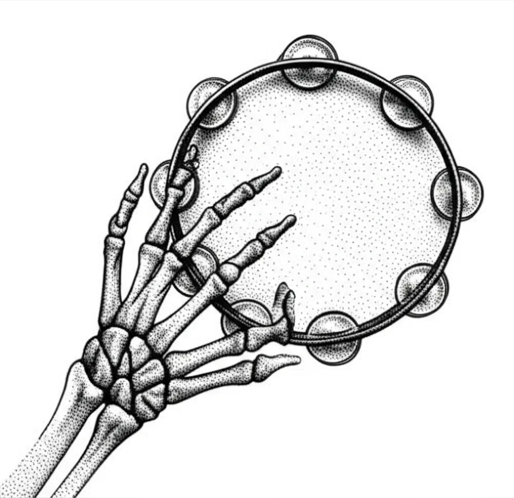 Dotwork Skeleton Hand Tambourine Tattoo Idea