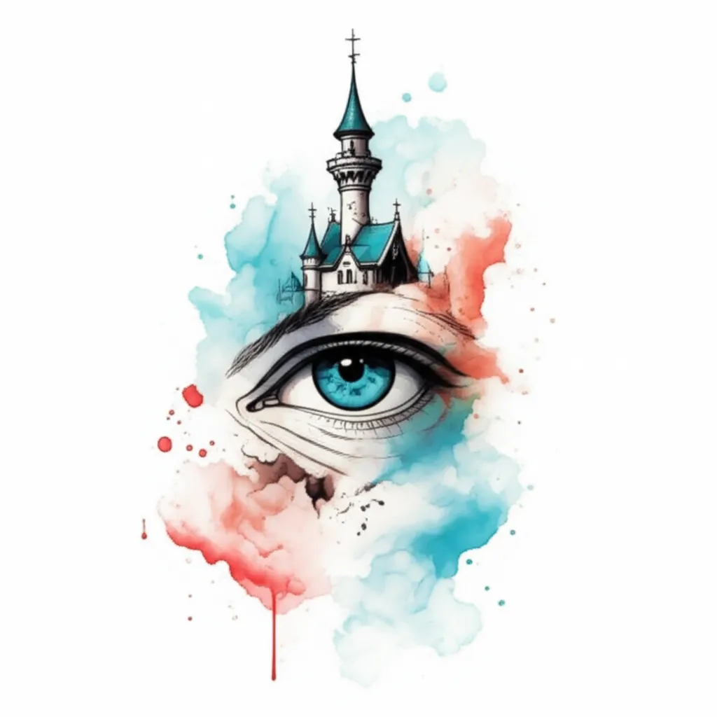 Watercolor Eye and Castle Tattoo: Dreamy Inner Arm Design Watercolor Eye and Castle Tattoo: Dreamy Inner Arm Design