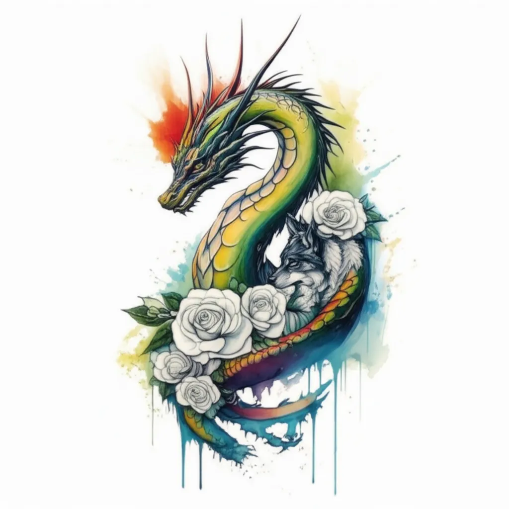 Watercolor Dragon, Wolf and Roses Hip Tattoo Design