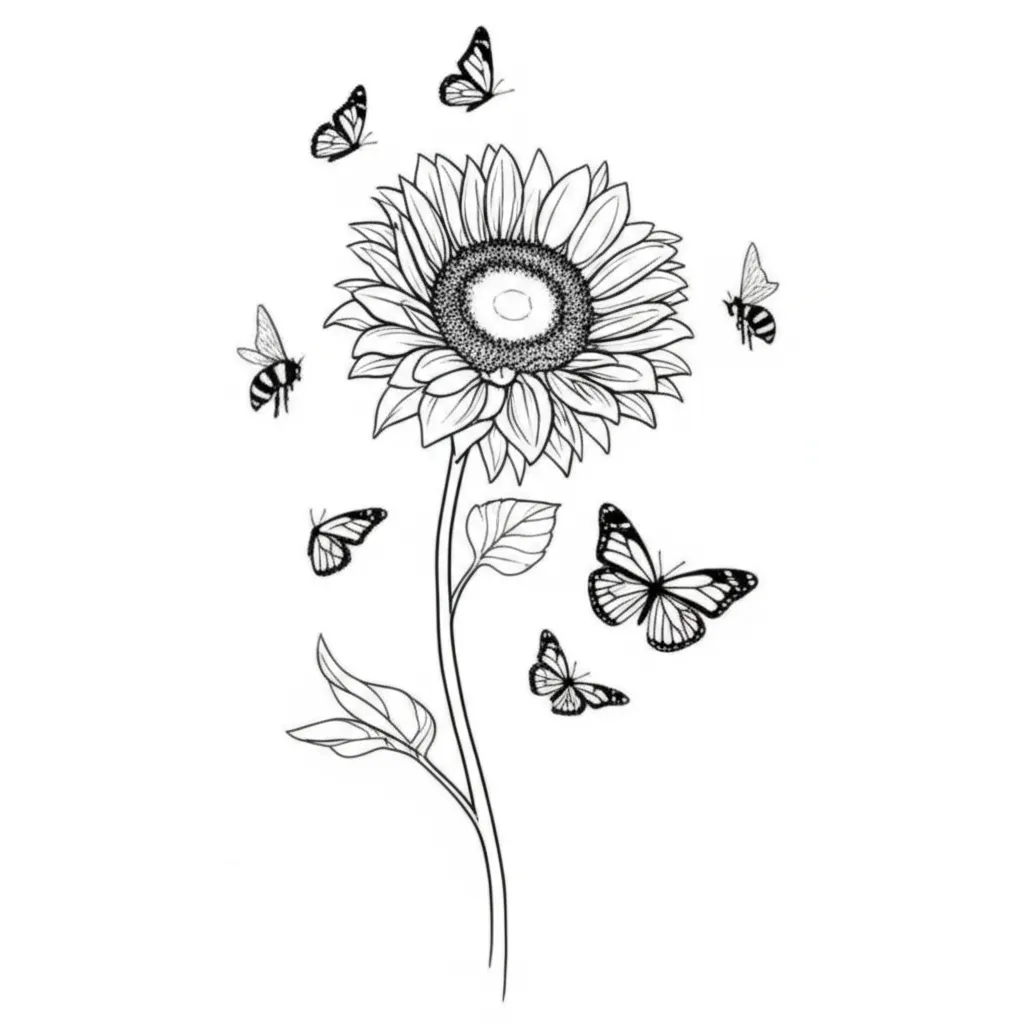 Minimalist Sunflower Tattoo with Butterflies and Bees Minimalist Sunflower Tattoo with Butterflies and Bees
