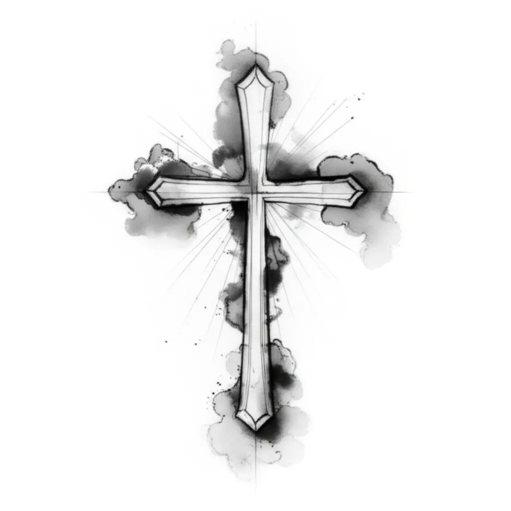 Watercolor Cross Tattoo with Clouds and Rays - Black and White Design Watercolor Cross Tattoo with Clouds and Rays - Black and White Design