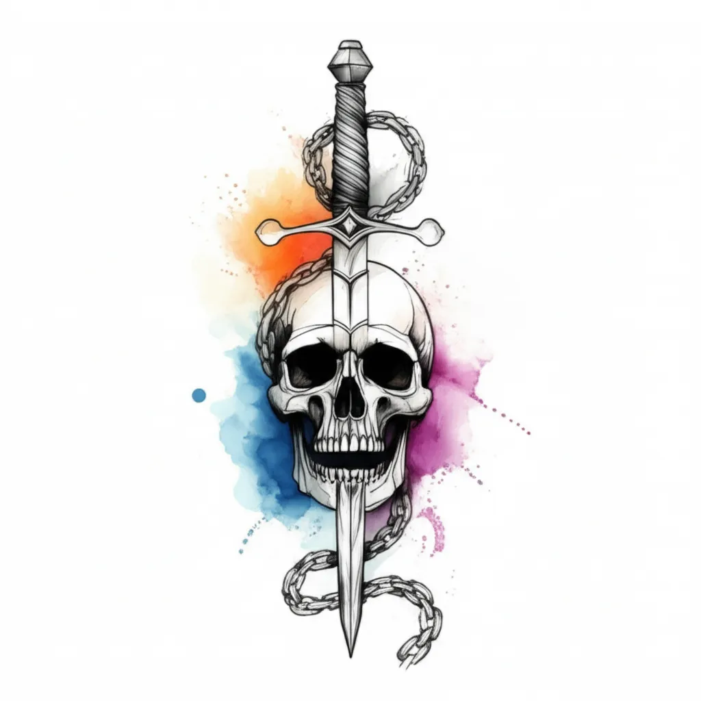 Watercolor Sword, Chains, and Skull Tattoo Design Watercolor Sword, Chains, and Skull Tattoo Design