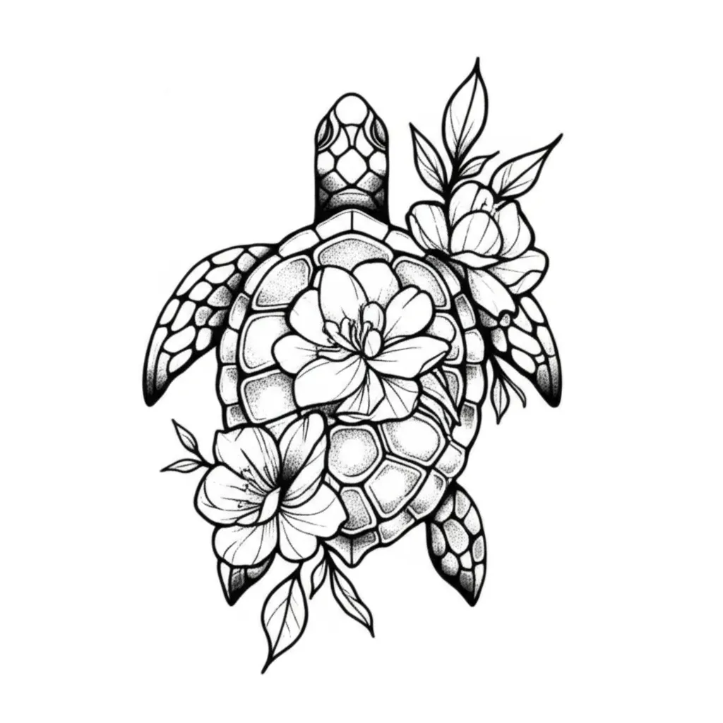 Fine Line Turtle Tattoo with Gothic Flowers