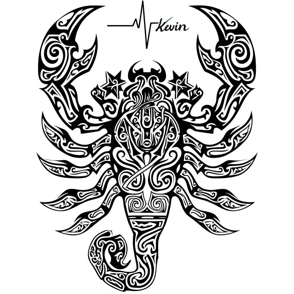 Tribal Scorpion Tattoo with Heartbeat and Name