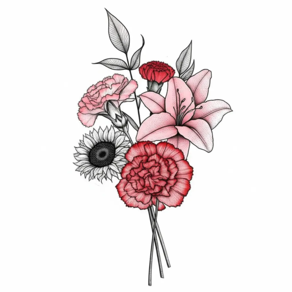 Fine Line Floral Bouquet Tattoo: Carnation, Lily & Sunflower Design Fine Line Floral Bouquet Tattoo: Carnation, Lily & Sunflower Design
