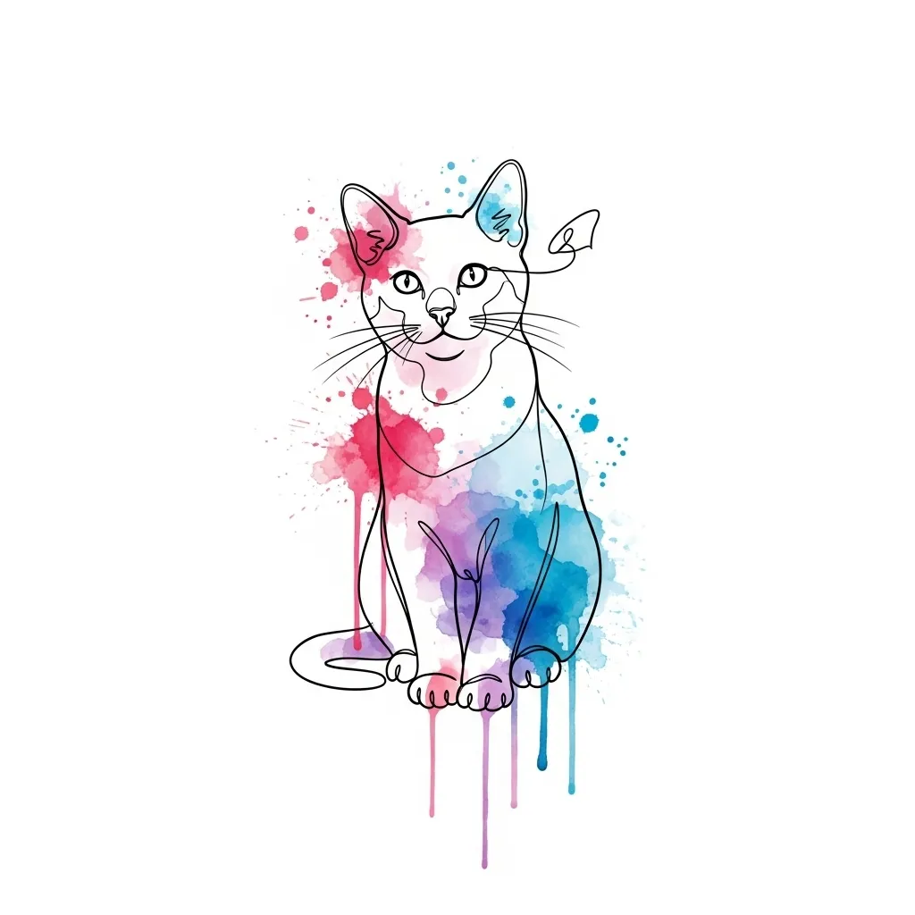 Watercolor Cat Outline Tattoo Behind Ear - Single Line Design Watercolor Cat Outline Tattoo Behind Ear - Single Line Design