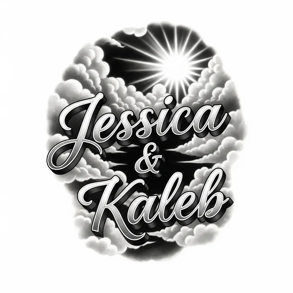 Jessica & Kaleb Name Tattoo with Clouds and Sun in Realism Style Jessica & Kaleb Name Tattoo with Clouds and Sun in Realism Style