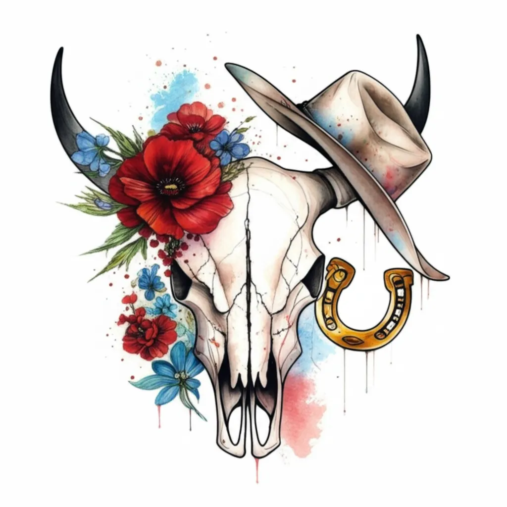 Watercolor Bull Skull Tattoo with Flowers and Horseshoe Watercolor Bull Skull Tattoo with Flowers and Horseshoe