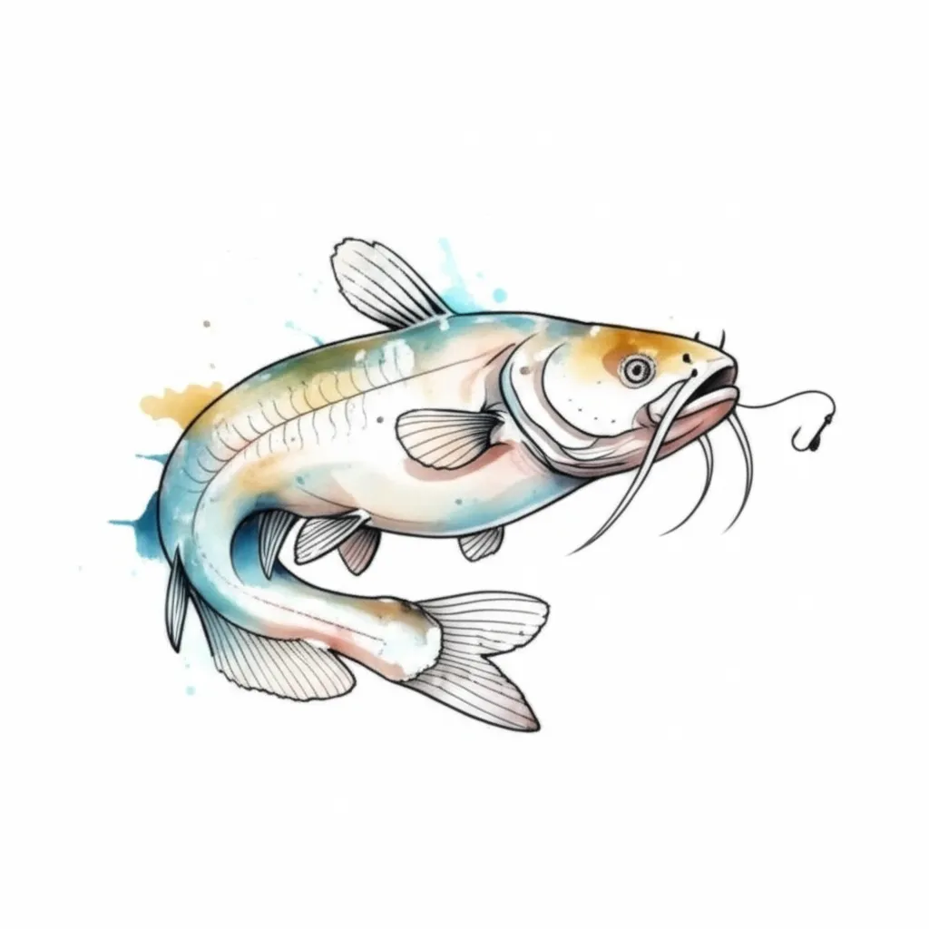 Watercolor Catfish Tattoo Design with Hook